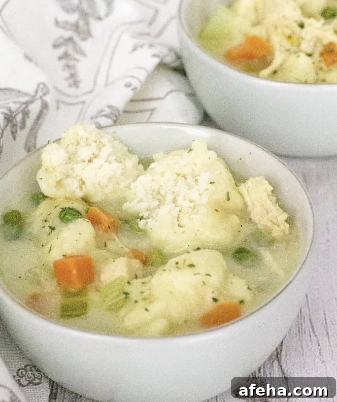white bowls filled with Instant Pot chicken and Bisquick dumplings