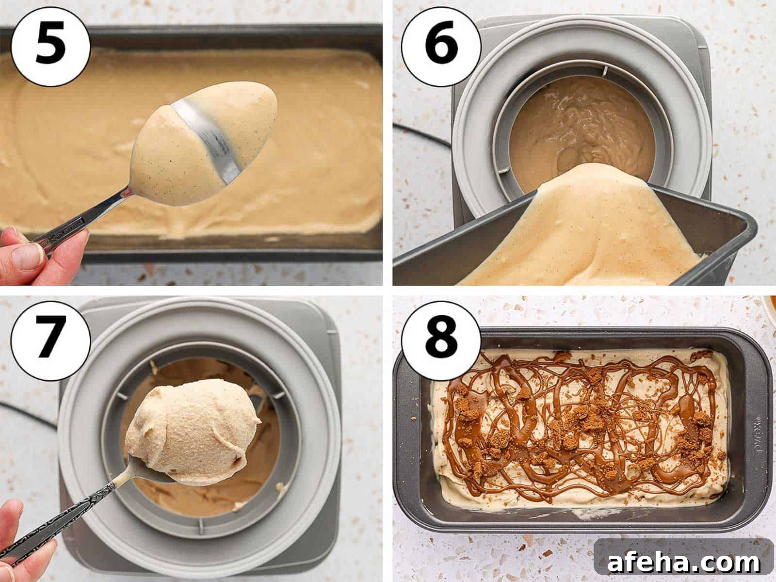Process Shot Collage: churning the ice cream and topping it with biscoff spread and cookies swirl.