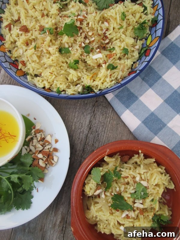 overhead table setting view of the Caramelized Onion & Almond Rice Pilaf 