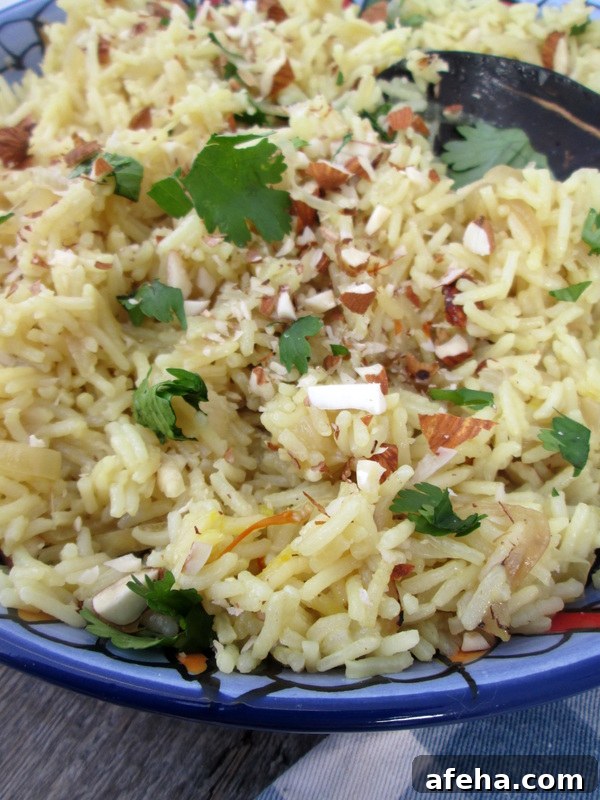 close up of the Caramelized Onion & Almond Rice Pilaf 