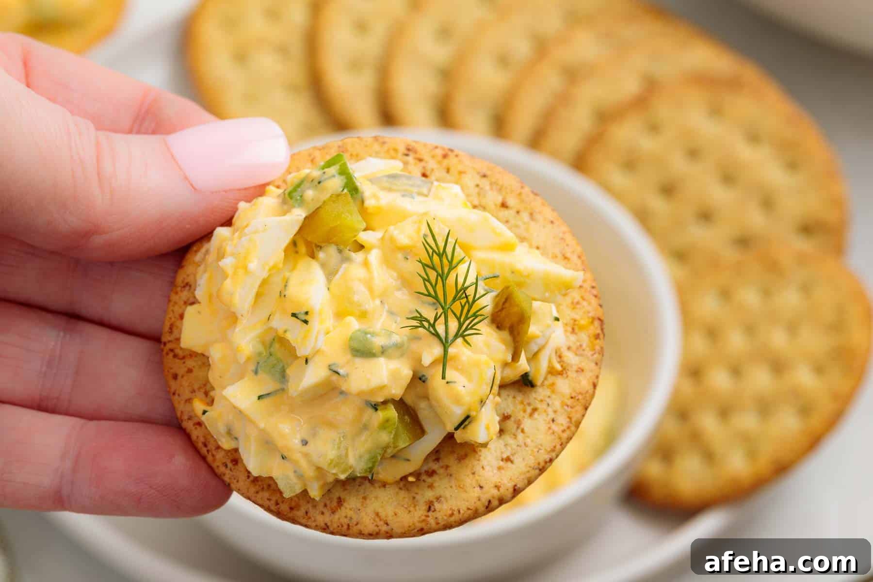 Hand holding a round cracker topped with creamy dill pickle egg salad with visible chunks of egg, pickles, and herbs, with more crackers and dip blurred in the background.