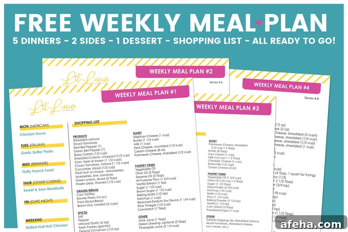 Meal Plan #67 A graphic showing multiple meal plans with printable grocery lists.