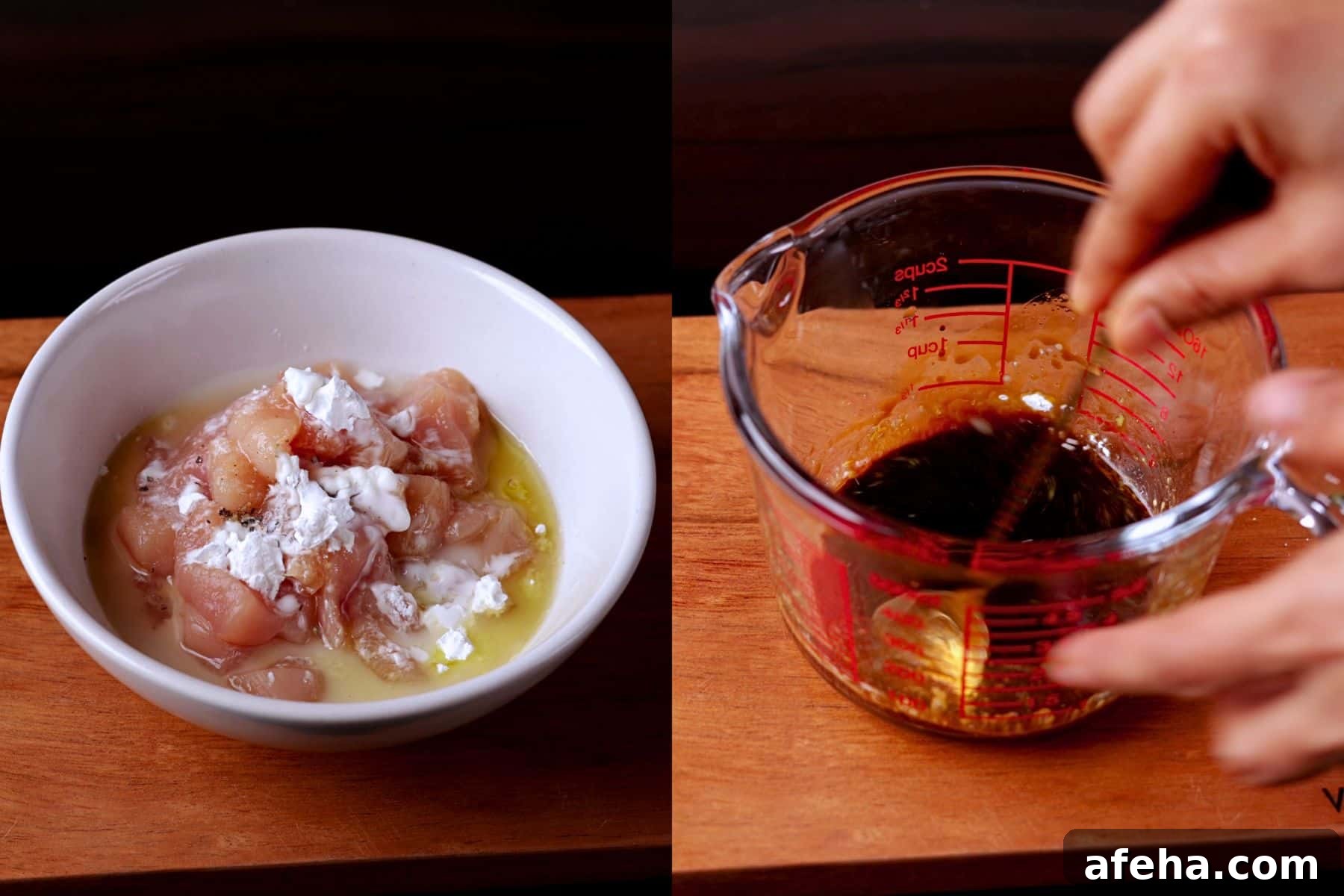 2 images collage showing smaking Kung Pao Chicken: quickly marinating the chicken pieces and preparing the Kung Pao sauce.