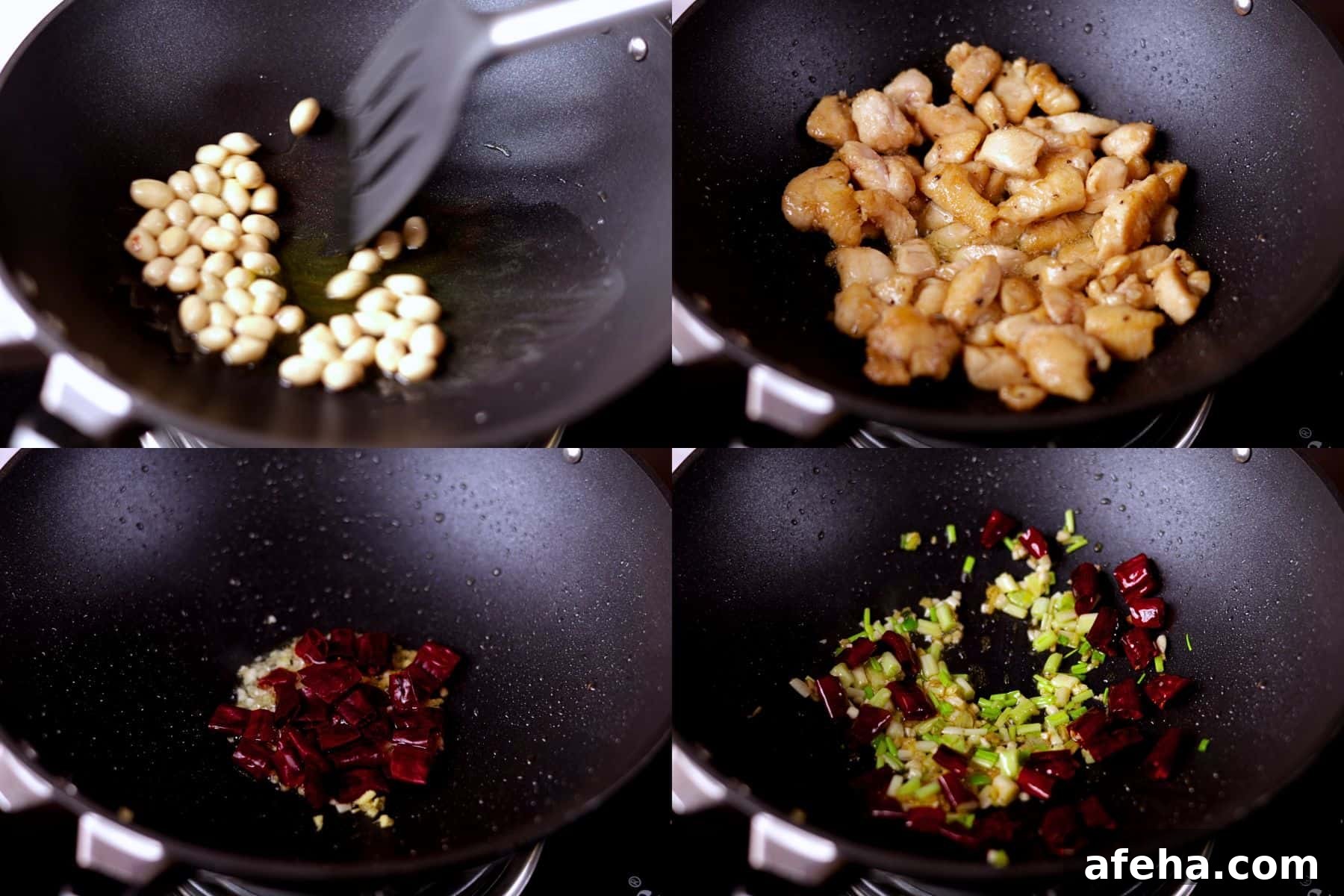 Next, toss the peanuts until golden, sear the chicken pieces to lock in juices, and stir-fry the garlic, ginger, and bell peppers until fragrant. (Shown in the collage above.)