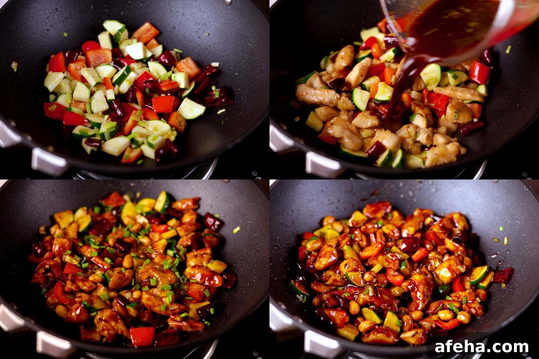 Collage showing steps 6–8 of making Kung Pao Chicken: stir-frying vegetables, adding chicken and sauce, combining everything, and finishing with peanuts and green onions.