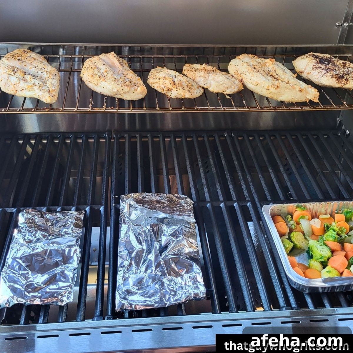 Monument Grills Stainless 35633 with fish in foil, veggies in foil, and chicken on rack cooking