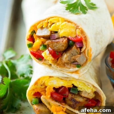 How to Make a Flavorful Breakfast Burrito — Step-by-Step Recipe 2 A cross section of a breakfast burrito filled with eggs, sausage, beans and cheese.