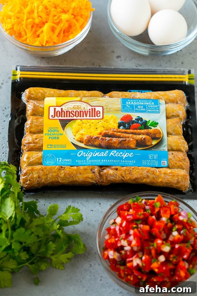 Breakfast Burrito Recipe | Sausage Breakfast Burrito A package of sausage links along with bowls of pico de gallo, eggs and shredded cheese.