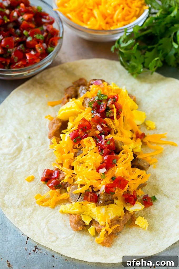Breakfast Burrito Recipe | Sausage Breakfast Burrito A flour tortilla topped with eggs, sausage, cheese and pico de gallo salsa.