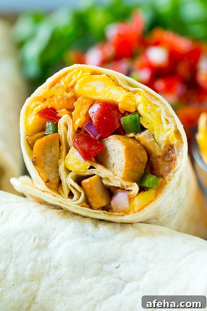 Breakfast Burrito Recipe | Sausage Breakfast Burrito A breakfast burrito stuffed with sausage, eggs, pico de gallo and cheese.