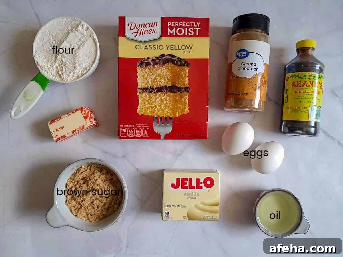 Ingredients: cake mix, eggs, oil, vanilla, cinnamon, butter, flour, and brown sugar.