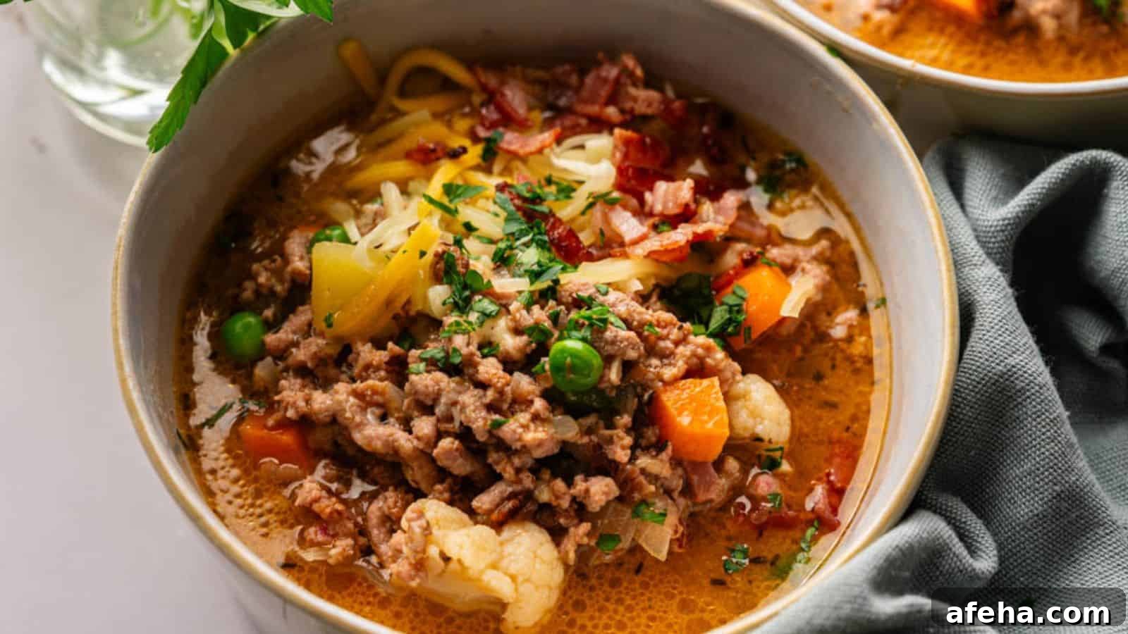 A bowl of soup with ground meat, peas, carrots, cauliflower, shredded cheese, chopped herbs, and bacon pieces, served with a napkin on the side.