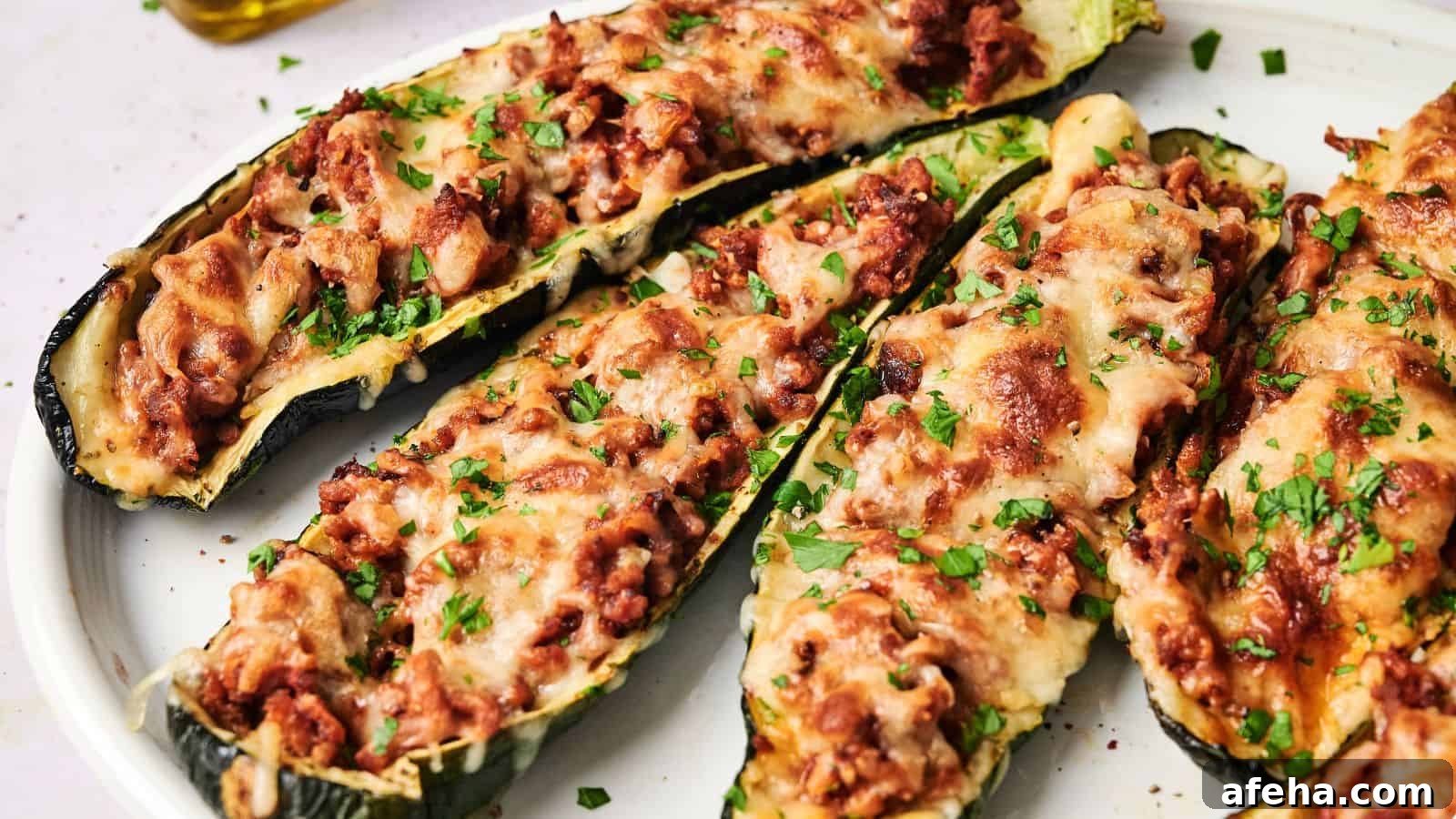 Four zucchini boats topped with ground meat, tomato sauce, melted cheese, and chopped parsley on a white plate.