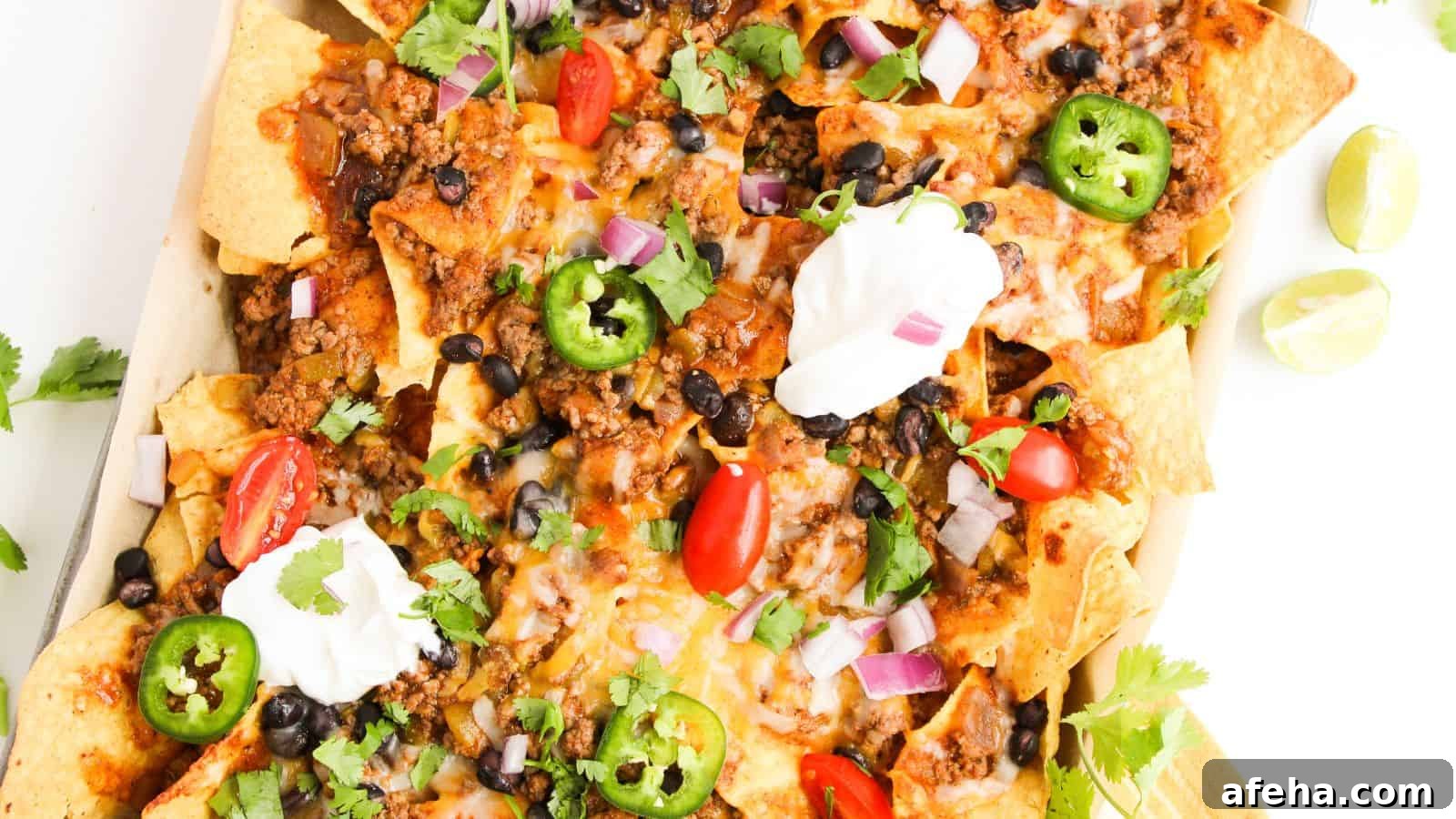 A platter of nachos topped with ground meat, melted cheese, sliced jalapeños, cherry tomatoes, black beans, red onions, cilantro, and dollops of sour cream. Lime wedges are on the side.