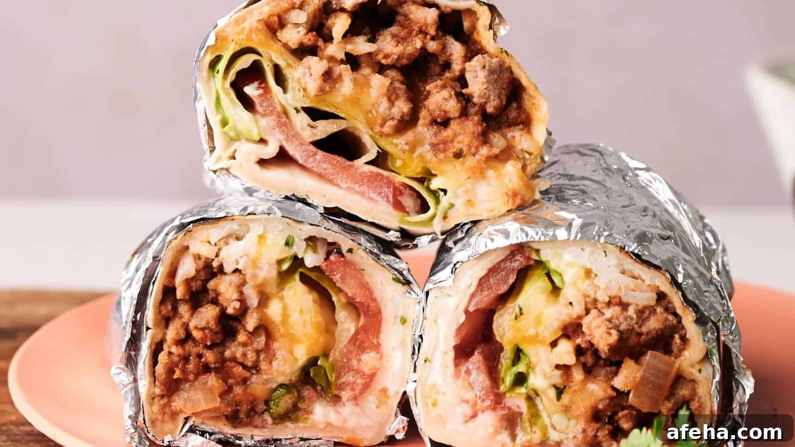 Three foil-wrapped burrito halves filled with ground meat, cheese, lettuce, and tomato are stacked on a pink plate.
