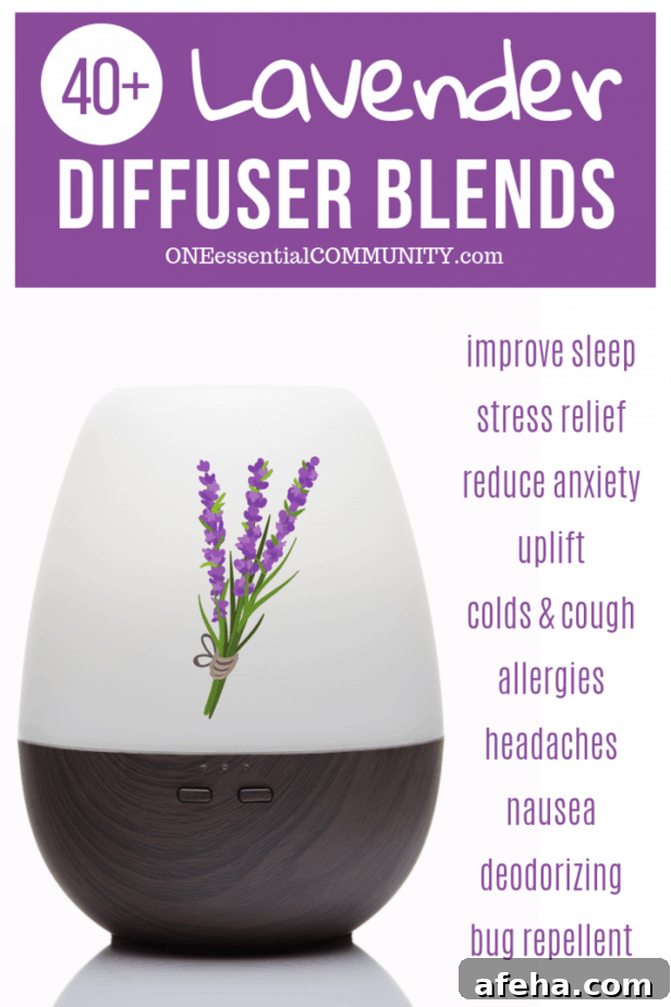 lavender essential oil diffuser blend recipes -- sleep, stress, anxiety, cold, congestion, allergies, headache, nausea, deodorizing, bug repellent