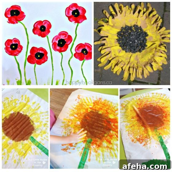 sunflower and poppy handprint crafts for kids