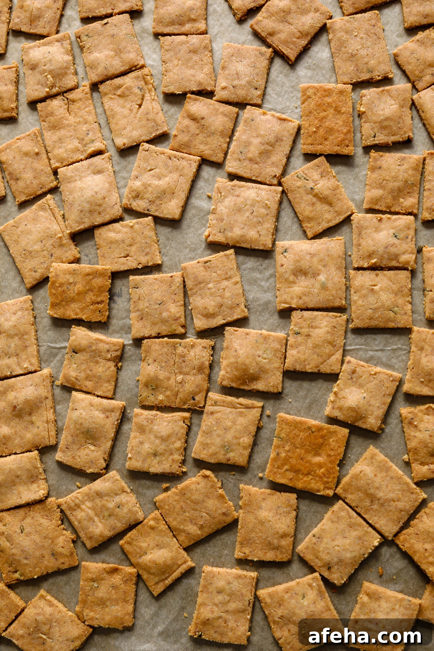 Grain-Free Almond Flour Crackers baked on parchment lined baking sheet