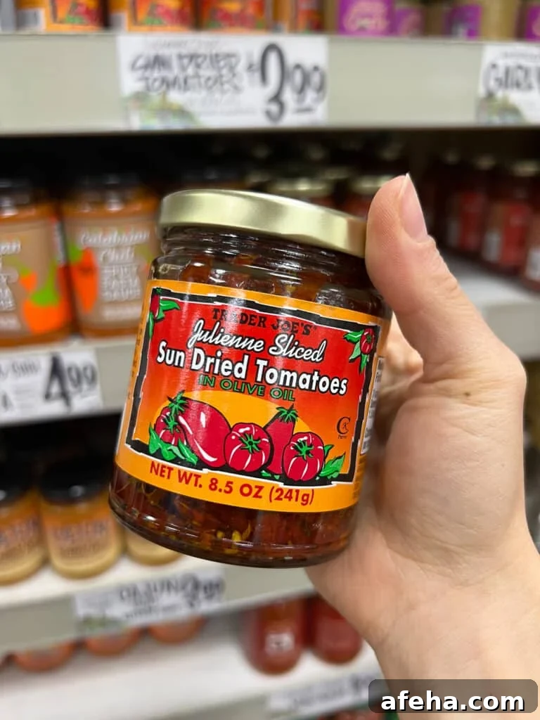 Jar of julienned sun-dried tomatoes from Trader Joe's
