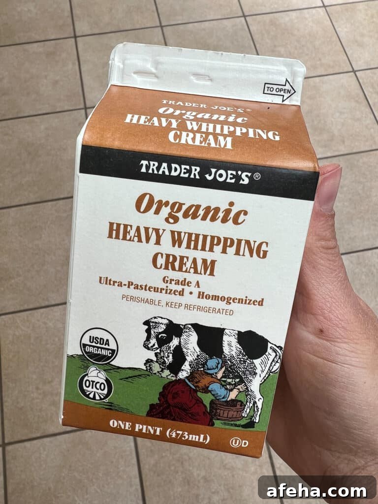 Carton of Organic heavy whipping cream, trader joes brand