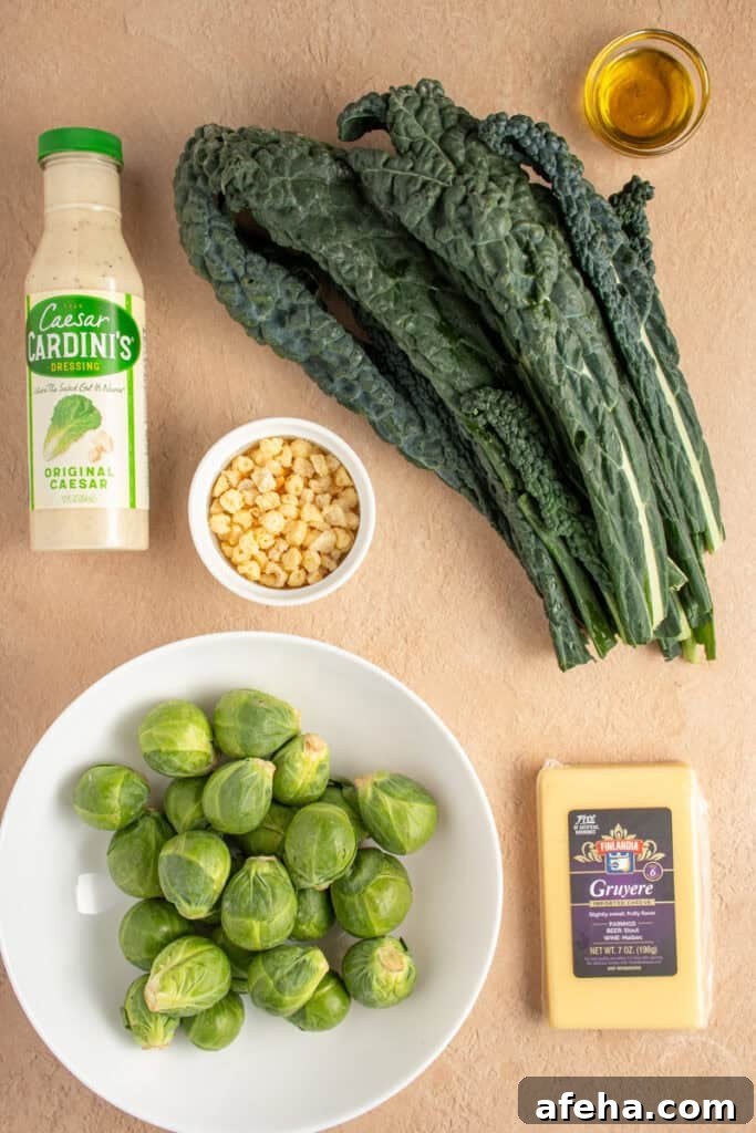 Ingredients for making warm kale and brussel sprout salad laid out on a tabletop.
