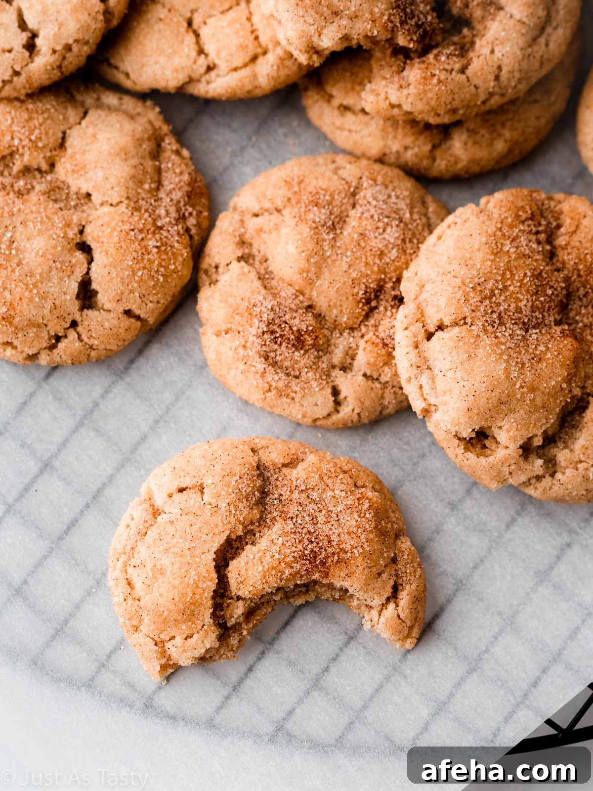 Snickerdoodle cookie with a bite taken out of it. 