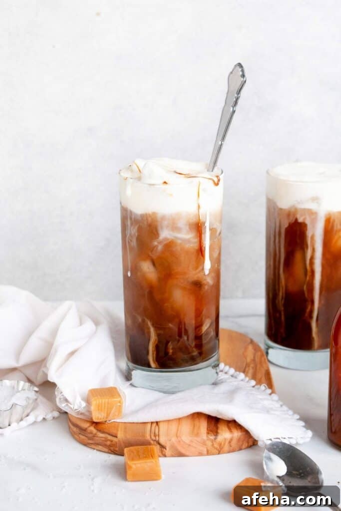 Homemade Salted Caramel Cream Cold Brew with spoon