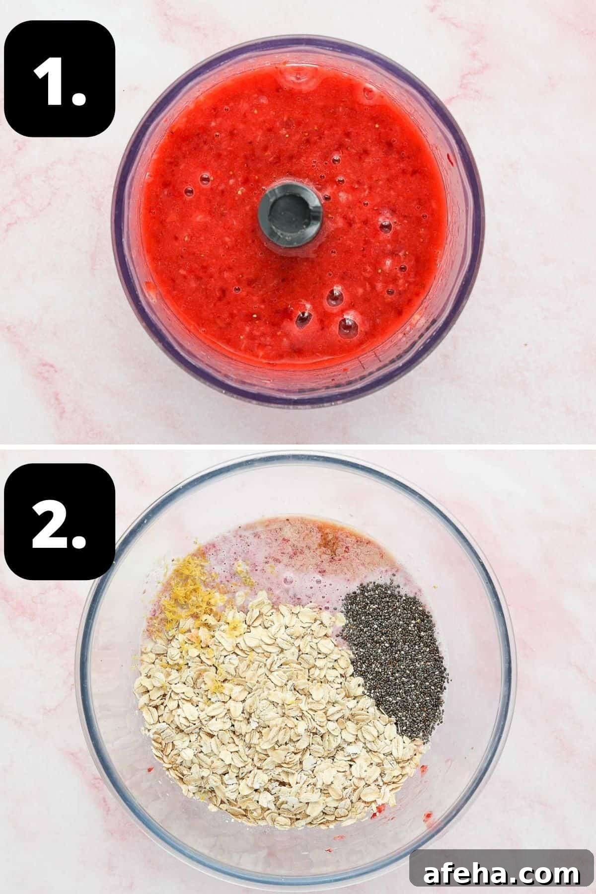 Steps 1-2 of preparing this recipe - the blended strawberry puree and all of the ingredients in a glass bowl.