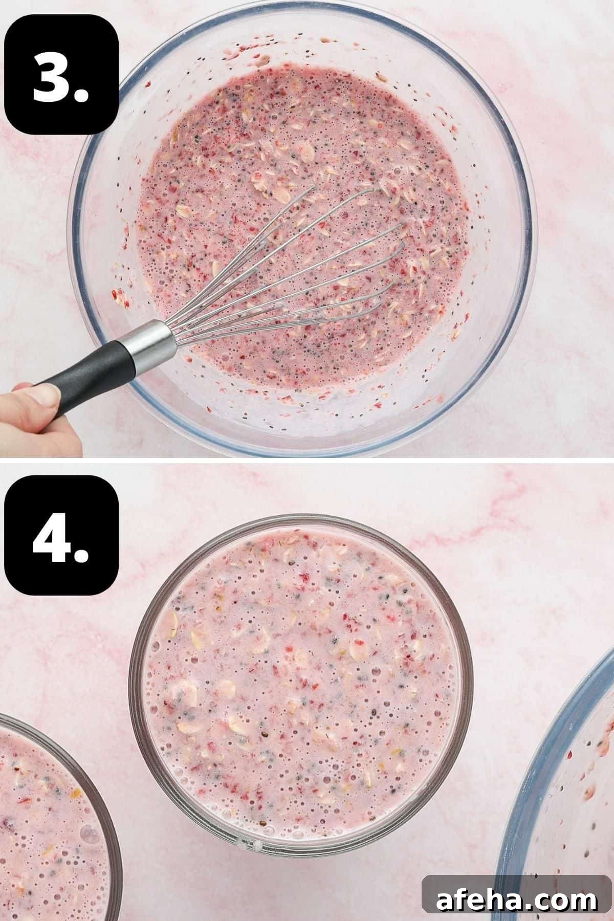 Steps 3-4 of preparing this recipe - mixing all of the ingredients together and the mixture in a jar ready to be refrigerated.