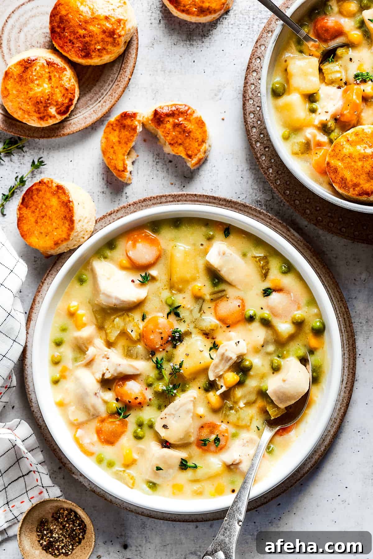 Hearty and comforting chicken pot pie soup has a rich and creamy broth, tender veggies, and juicy chicken, and is so easy to make. A bowl of chicken pot pie soup topped with a spoon in it, and a plate of biscuits in the background.