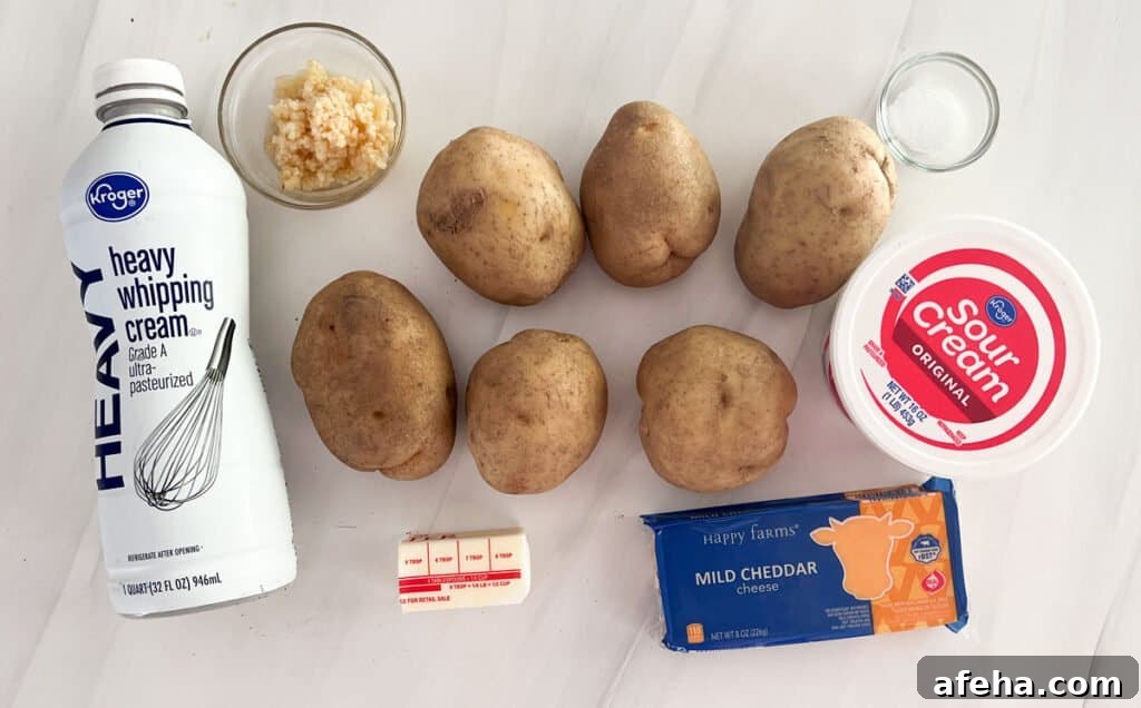 mashed potato ingredients on marble countertop