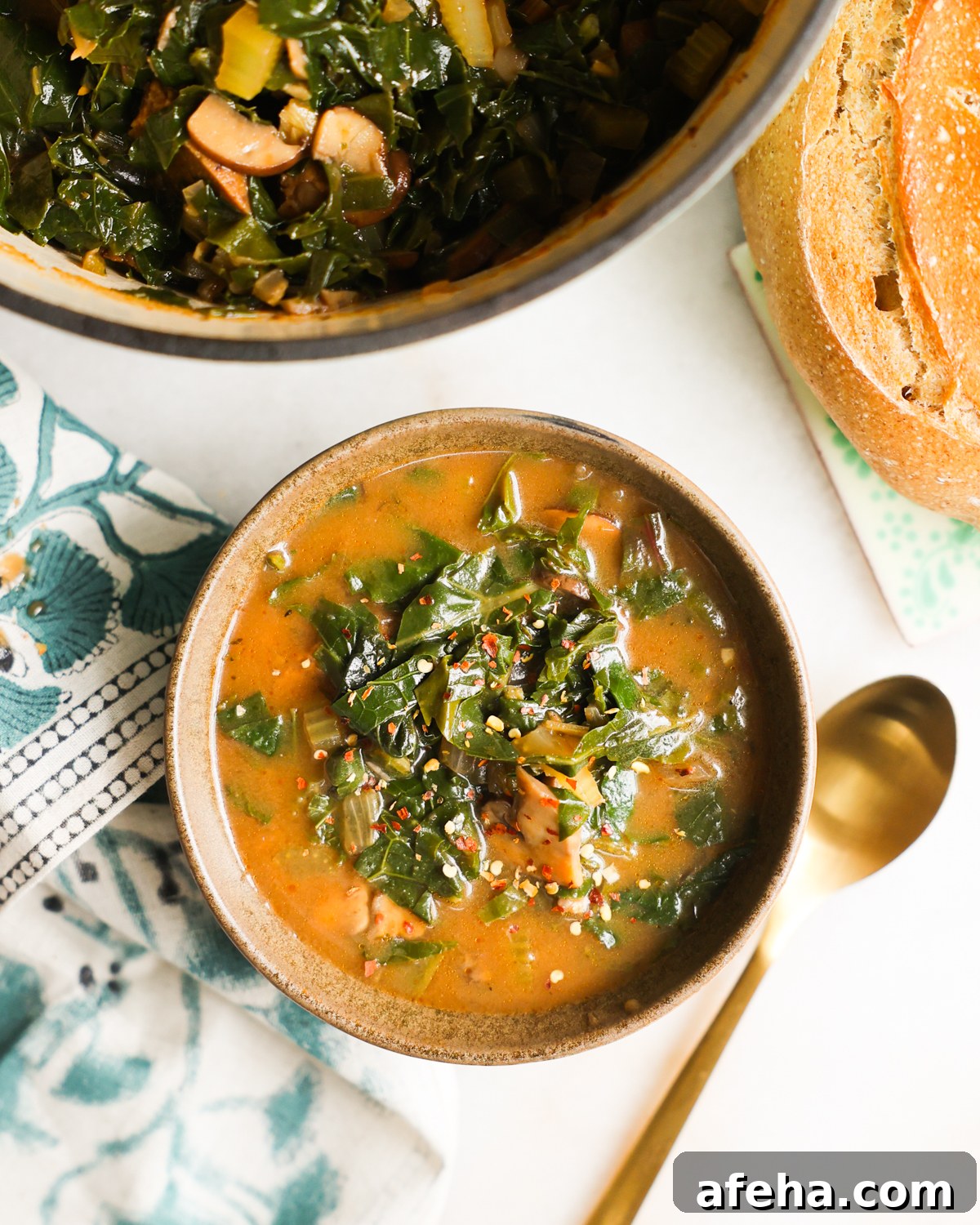 overhead of a bowl of green gumbo