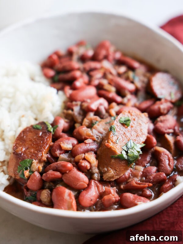 Red beans and rice in a white bowl