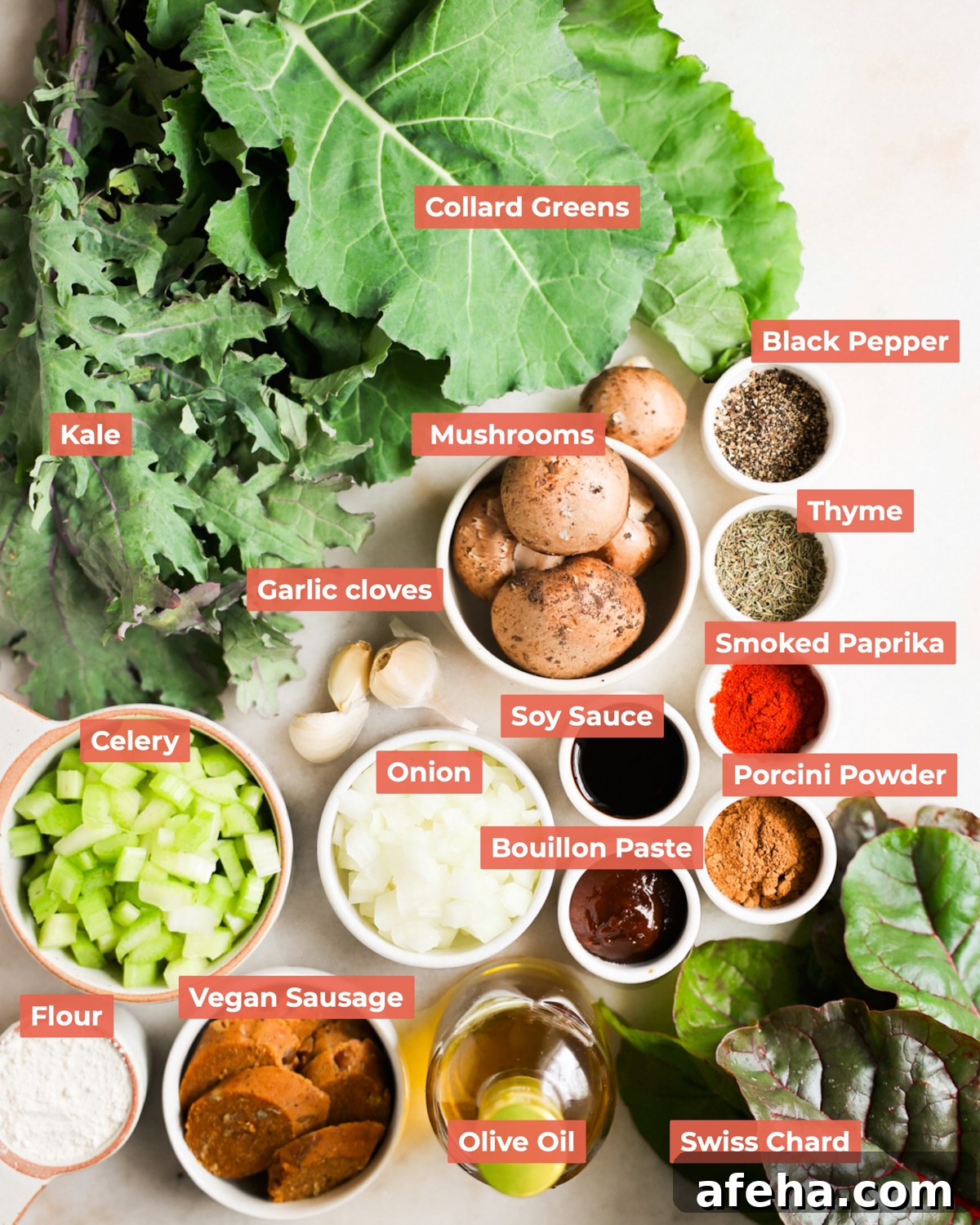 labeled ingredients for green gumbo