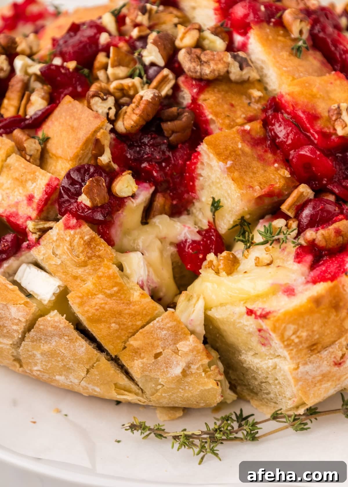 Cranberry Brie Pull Apart Bread on a white plate with fresh cranberries and thyme scattered around it.