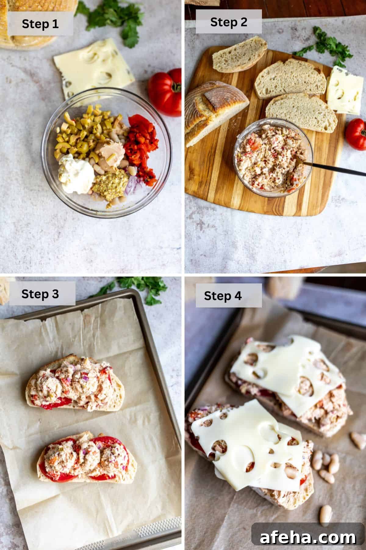 steps to make this recipe in glass bowls and on a cutting board.