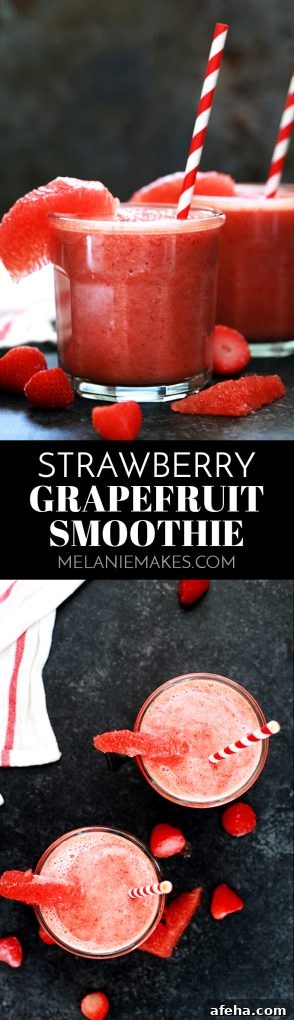 This four ingredient Strawberry Grapefruit Smoothie couldn't be easier! A ruby red grapefruit, strawberries, banana and orange juice are blended together in just seconds to create the perfect easy breakfast or snack.