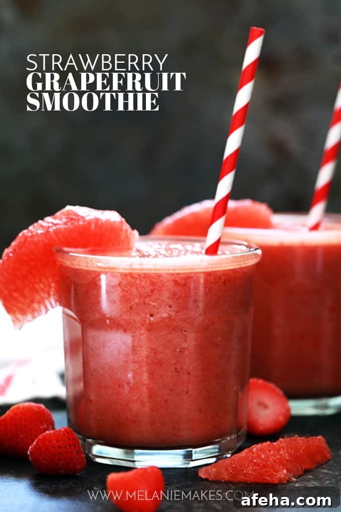 This four ingredient Strawberry Grapefruit Smoothie couldn't be easier! A ruby red grapefruit, strawberries, banana and orange juice are blended together in just seconds to create the perfect easy breakfast or snack.