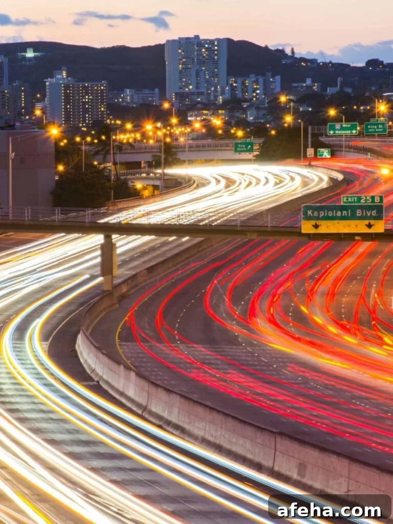 Nightime traffic on the island of Oʻahu, Hawaiʻi.