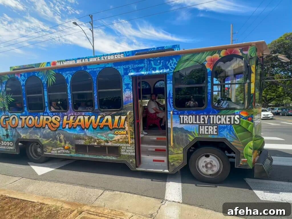The bright and bold Diamond Head Hike Express bus on Monsarrat Avenue.