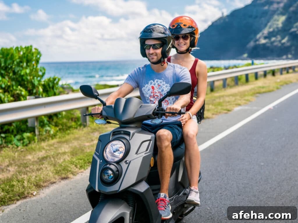 A driver and passenger ride on a black scooter rental from Hawaiian Style Rental, cruising the coastal area of O'ahu, Hawai'i.
