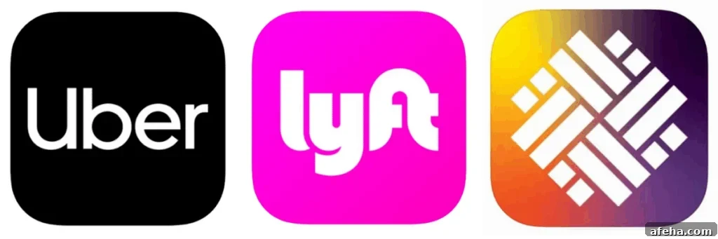 The Uber, Lyft and Holoholo rideshare app icons, all in a row.