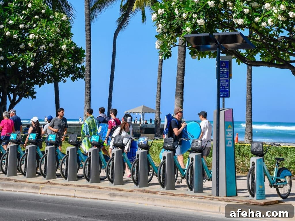 A full station of Biki bikes in Waikīkī, part of the Honolulu's Biki bikeshare system.