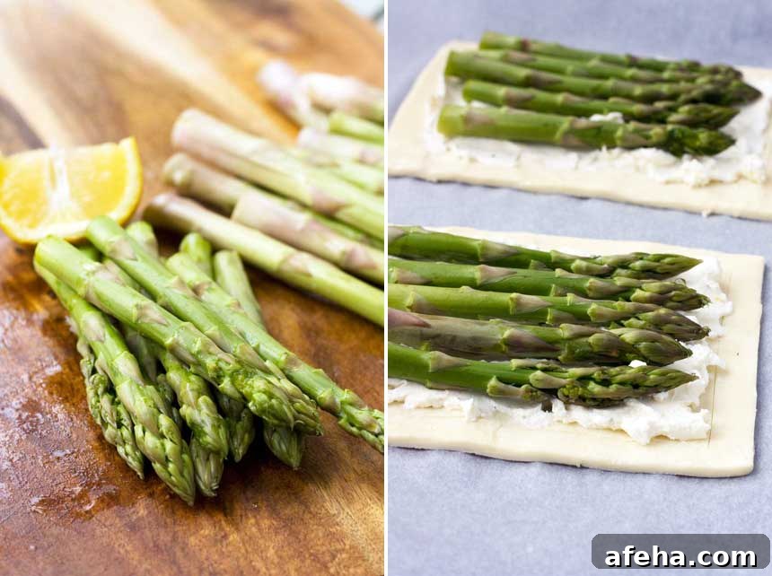 collage of 2 images showing asparagus on a wooden cutting board and asparagus spears on puff pastry and cream cheese ready to be cooked.