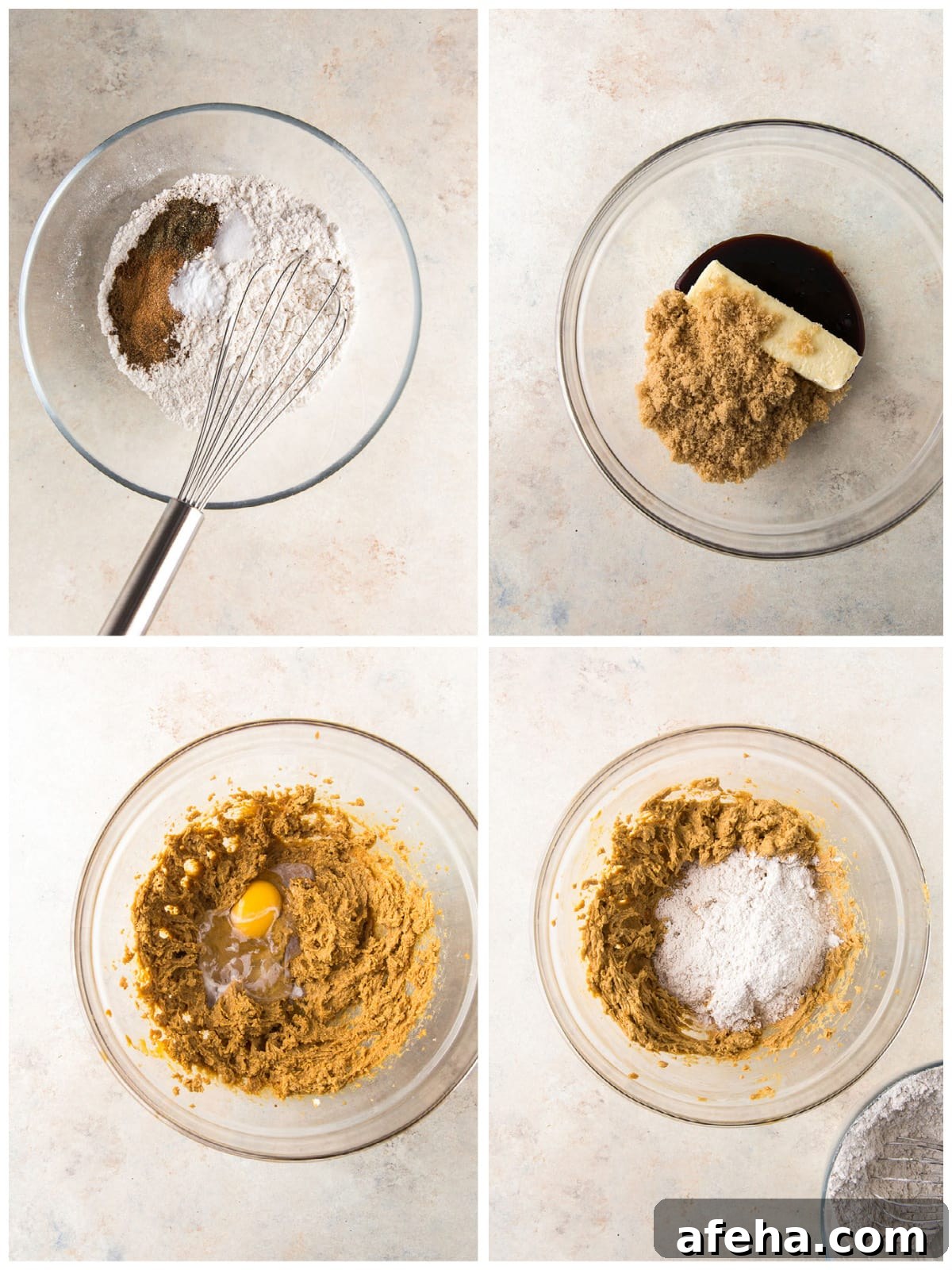 photo collage demonstrating how to make pfeffernusse cookie dough in a mixing bowl