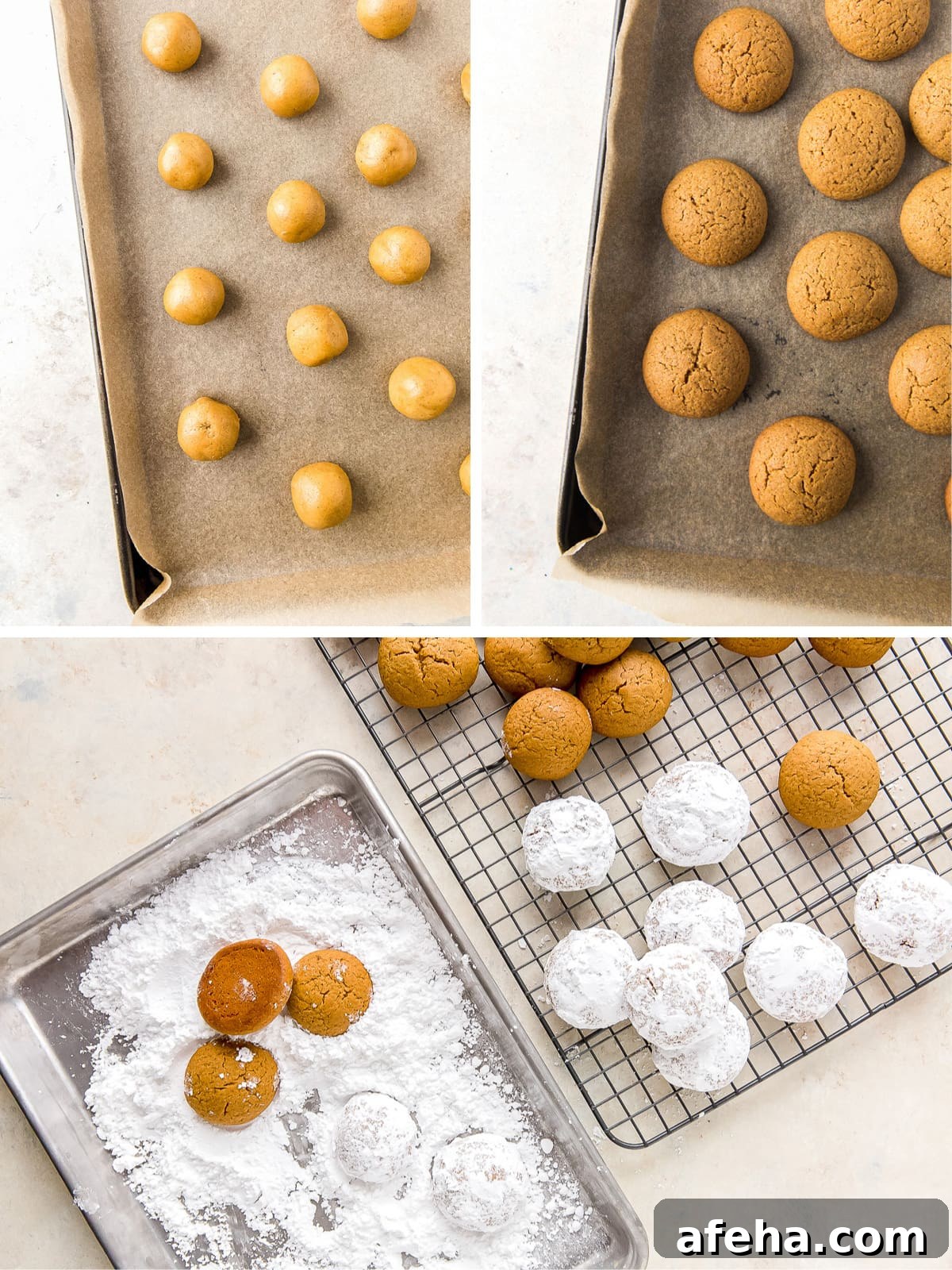 photo collage showing pfeffernusse before and after baking and coating in confectioners' sugar