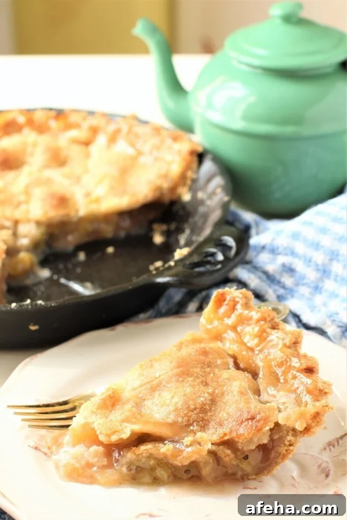 gooseberry pie in a cast iron pie dish, with slice in front