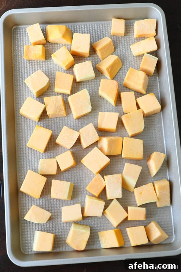 cut up cubes of raw butternut squash