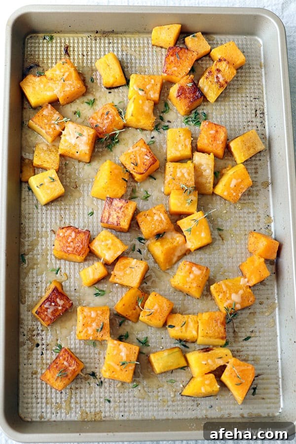 roasted butternut squash on baking sheet