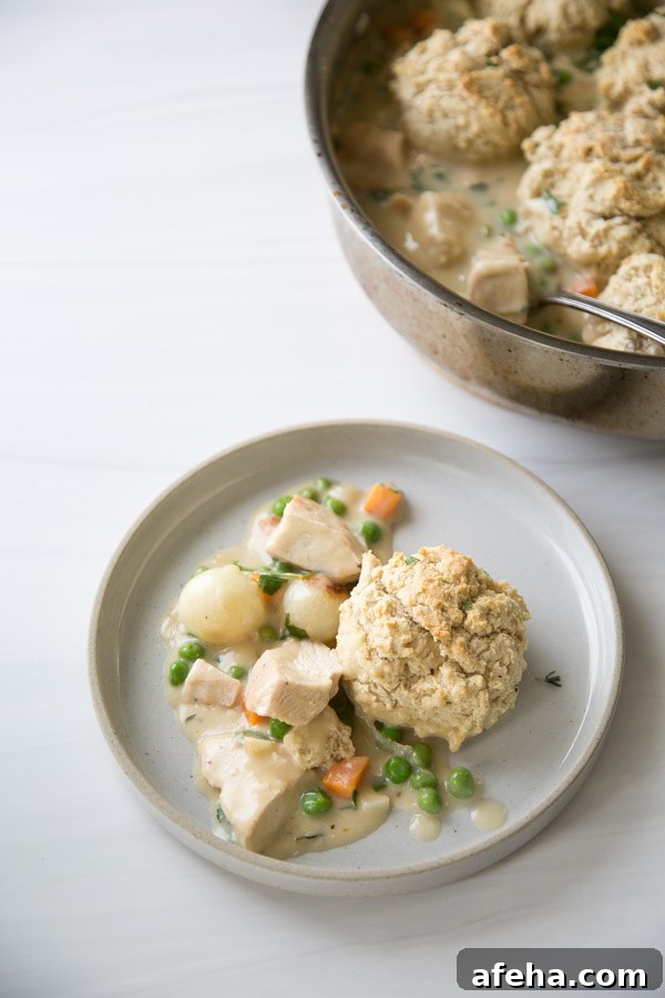 gluten-free chicken pot pie on a plate with dairy-free biscuit 